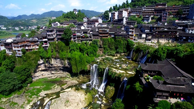 中国湖北芙蓉古镇鸟瞰图。