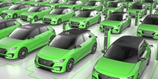 俯视图绿色电动自动驾驶汽车在充电站充电