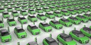 俯视图无尽的绿色电动自动驾驶汽车在充电站充电
