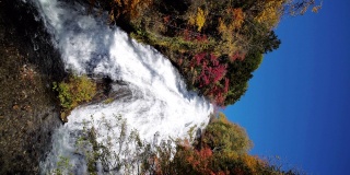 瀑布在秋天与森林改变颜色的日光日本，慢镜头