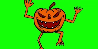 南瓜怪物2d涂鸦循环动画行走在绿色屏幕背景和alpha通道在结束部分。