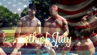 一群朋友在一个游泳池和美国国旗为7月4日视频素材模板下载