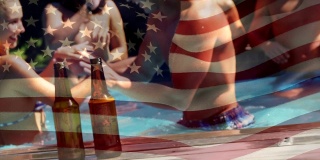 一群朋友在一个游泳池和美国国旗