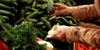 女人的手从食物架上拿起一根新鲜的黄瓜。有机产品。蔬菜和水果。健康食品。