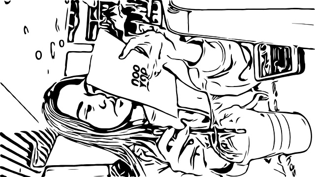 手绘，水彩风格，亚洲少女在咖啡店使用智能手机，垂直剪辑为智能手机