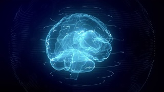 未来的蓝色数字大脑无缝循环。核磁共振扫描中的神经元放电视频素材模板下载