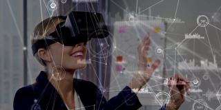 戴着虚拟现实头盔的女商人