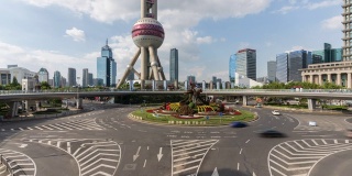 4K时间流逝:中国上海陆家嘴明珠环岛人行天桥上的交通车辆。
