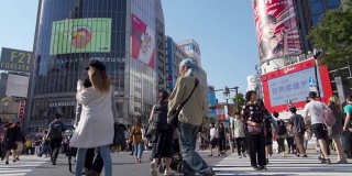 倾斜播放人们穿过日本东京涩谷的视频