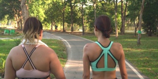 后视图:女性身材高大的运动员和朋友在公园慢跑