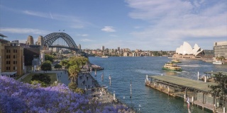 悉尼，新南威尔士/澳大利亚——大约2010年:Zoom Timelapse，轮渡将游客和当地人带到他们的目的地，在环形码头上，海港大桥和悉尼歌剧院作为背景。