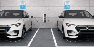 电动自动驾驶汽车连接到停车场前面的充电站