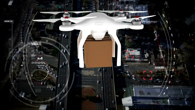 数字合成的无人机在城市飞行