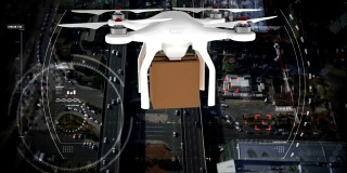 数字合成的无人机在城市飞行