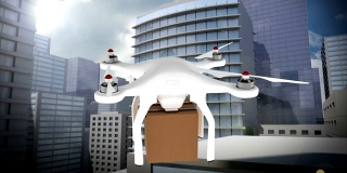一架无人机与包裹飞行在城市景观视图的动画