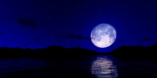 满月倒映在水面上，星空和棕榈树，相机飞，高清