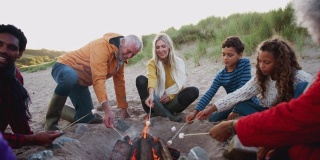几代人围坐在冬季海滩上的火上烤棉花糖-慢动作拍摄