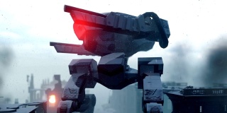 一个巨大的军事机器人正在一个被摧毁的后世界末日城市的街道中间战斗。启示录的观点。