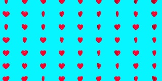 逼真的3d卡通红心飞行和旋转在蓝色的背景。五彩缤纷的情人节象征。抽象浪漫的节日或广播装饰概念。循环3 d动画。