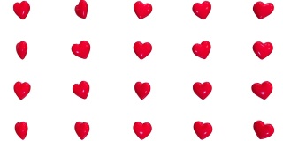 逼真的3d卡通红心飞行和旋转在白色的背景。五彩缤纷的情人节象征。抽象浪漫的节日或广播装饰概念。循环3 d动画。