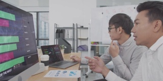 4K分辨率视频两位亚洲商人用电脑讨论和分析财务数据，投资分析财务数据概念，亚洲办公室室内商务生活