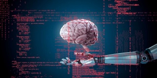 机器人手臂抱着一个全息图像大脑