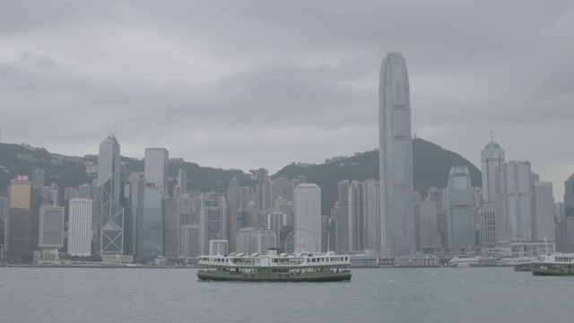 维多利亚港和港岛天际线阴天。香港拥有世界上最多的摩天大楼。日志,F-log。