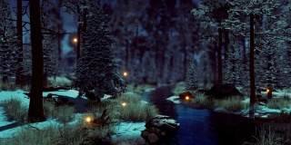 在黑暗的冬天森林的早晨或黄昏超自然的仙女灯