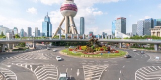 4K时间流逝:中国上海陆家嘴明珠环岛人行天桥上的车流。