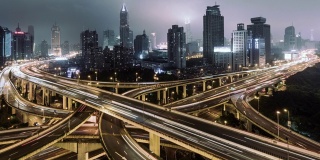 天桥鸟瞰图和城市交通高峰时间，从白天到晚上/上海，中国