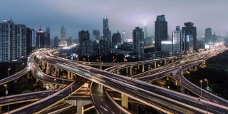 天桥鸟瞰图和城市交通高峰时间，从白天到晚上/上海，中国