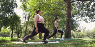 低角度视角:健康的年轻大身材女性和朋友在户外公园练瑜伽
