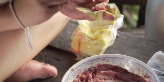 这位女士用馄饨皮包碎猪肉。饺子的制作用水。慢动作