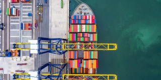 4k，延时，鸟瞰图集装箱船运载集装箱的进出口业务，国际集装箱船在公海上的物流运输。