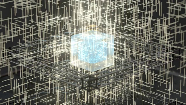 发光的线通过透明的立方体，3d渲染。