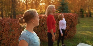 女舞者在秋季公园训练编舞。健身妇女在城市公园的户外课跳舞。瑜伽团体在户外练习De Bras港。