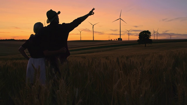 黄昏时分，几个农民在田里看着风力涡轮机
