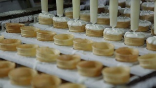 冰淇淋生产线。在雪糕厂为威化杯装冰淇淋视频素材模板下载
