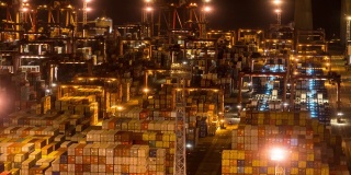 延时拍摄:香港青衣港货柜码头与货场的夜间工作