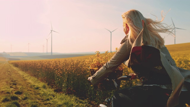 女人骑着自行车沿着油菜籽田走，远处有风力发电机