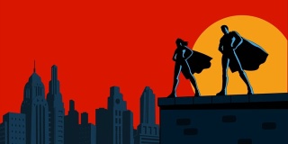 循环超级英雄夫妇与吹斗篷在城市动画