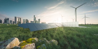 未来可持续城市的可再生能源解决方案。现代的黑色无框太阳能电池板、电池储能设施、风力涡轮机和以摩天大楼为背景的大城市。3 d渲染。