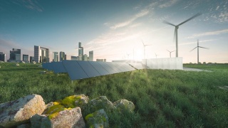未来可持续城市的可再生能源解决方案。现代的黑色无框太阳能电池板、电池储能设施、风力涡轮机和以摩天大楼为背景的大城市。3 d渲染。视频素材模板下载