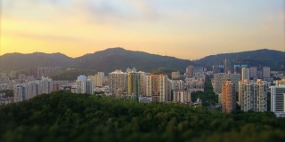 日落时间深圳城市公园航拍全景4k倾斜转移中国