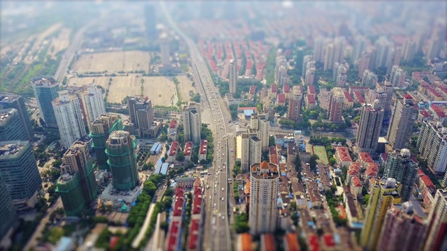 白天上海城市景观交通道路航拍全景4k倾斜转移中国