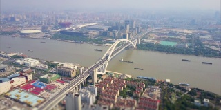 白天上海城市景观交通卢浦大桥滨江航拍全景4k倾斜转移中国
