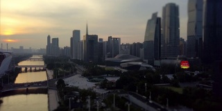 日落广州市中心歌剧院海心沙岛航拍全景倾斜4k中国