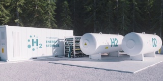 可再生能源储存的环保解决方案-氢气清洁电力设施位于森林环境。3 d渲染。