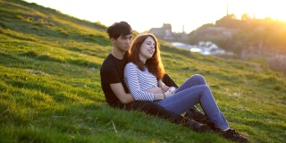 爱的年轻夫妇一起坐在草地上，夕阳在背景