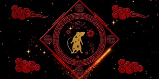 农历新年，春节背景有鼠象，烟花，星星闪烁。中国新年的黑色星空背景假日活动。3 d渲染动画。无缝循环4k视频